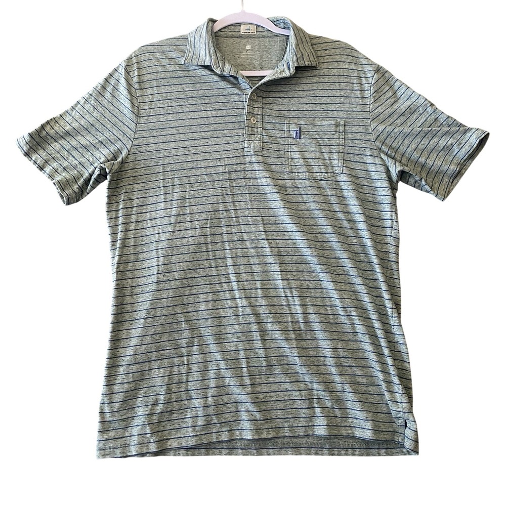 Johnnie-O Hangin Out Mens Medium Green Striped Short Sleeve Polo Shirt Stretch